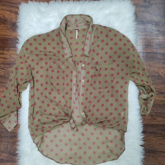 Free People Brown/Pink Polka Dot Button-Up Shirt High Low Hem Shirt Size Medium - Picture 2 of 11